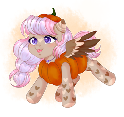 Size: 1421x1347 | Tagged: safe, artist:bylullabysoft, oc, oc only, pegasus, pony, :p, clothes, costume, digital art, female, flying, mare, pumpkin, simple background, solo, spread wings, tongue out, white background, wings