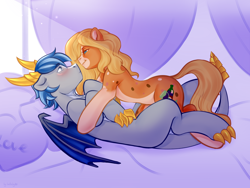 Size: 2000x1500 | Tagged: safe, artist:bylullabysoft, oc, oc only, dracony, dragon, earth pony, hybrid, pony, bed, bedroom, blushing, claws, commission, cutie mark, digital art, female, horn, looking at each other, lying down, lying on bed, male, mare, oc x oc, on bed, pale belly, pillow, shipping, smiling, stallion, tail, wings, ych result