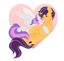 Size: 2000x1888 | Tagged: safe, artist:bylullabysoft, oc, oc only, pegasus, pony, unicorn, blushing, commission, cuddling, cutie mark, digital art, eyes closed, female, holiday, horn, hug, male, mare, oc x oc, one eye closed, shipping, smiling, spread wings, stallion, tail, valentine's day, wings