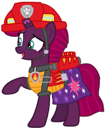 Size: 895x1080 | Tagged: safe, artist:徐詩珮, fizzlepop berrytwist, tempest shadow, pony, series:sprglitemplight diary, series:sprglitemplight life jacket days, series:springshadowdrops diary, series:springshadowdrops life jacket days, g4, alternate universe, clothes, dino rescue, female, marshall (paw patrol), paw patrol, simple background, transparent background