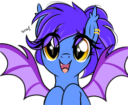 Size: 3300x2720 | Tagged: safe, artist:emberslament, oc, oc only, oc:evening lily, bat pony, pony, bat pony oc, bat wings, cute, ear piercing, fangs, female, high res, looking at you, onomatopoeia, piercing, ponytail, simple background, skree, smiling, solo, transparent background, wings