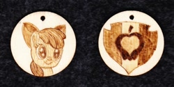 Size: 1024x513 | Tagged: safe, artist:malte279, apple bloom, earth pony, pony, g4, craft, cutie mark, jewelry, pendant, pyrography, traditional art, wood