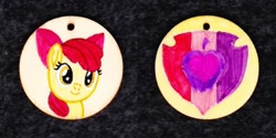 Size: 1024x513 | Tagged: safe, artist:malte279, apple bloom, earth pony, pony, g4, craft, cutie mark, jewelry, pendant, traditional art, wood