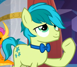 Size: 674x589 | Tagged: safe, screencap, sandbar, smolder, dragon, earth pony, pony, g4, she's all yak, bowtie, cropped, hair over one eye, playing with hair, raised hoof, smiling, solo focus