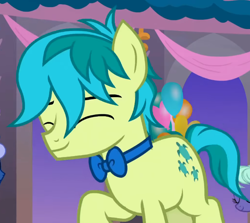 Size: 732x654 | Tagged: safe, screencap, midnight snack (g4), sandbar, earth pony, pony, g4, she's all yak, background pony, balloon, bowtie, cropped, cute, dancing, eyes closed, friendship student, male, smiling, solo