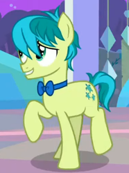Size: 268x360 | Tagged: safe, screencap, sandbar, earth pony, pony, g4, she's all yak, bowtie, cropped, hair over one eye, male, raised hoof, smiling, solo