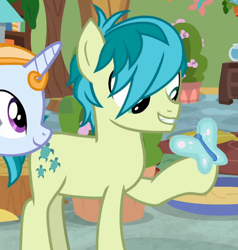 Size: 660x694 | Tagged: safe, screencap, sandbar, butterfly, earth pony, pony, g4, marks for effort, background pony, cropped, hair over one eye, raised hoof, smiling, solo focus