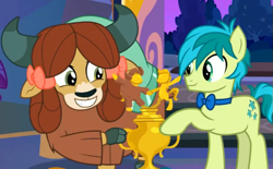 Size: 703x435 | Tagged: safe, screencap, sandbar, yona, earth pony, pony, yak, g4, season 8, she's all yak, bowtie, cropped, duo, female, looking at each other, male, smiling, smiling at each other, teenager, trophy