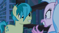Size: 1365x768 | Tagged: safe, screencap, sandbar, silverstream, earth pony, hippogriff, pony, g4, school raze, book, bookshelf, cute, hair over one eye, looking at each other, smiling