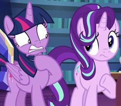 Size: 1332x1167 | Tagged: safe, screencap, starlight glimmer, twilight sparkle, alicorn, pony, unicorn, g4, it isn't the mane thing about you, cropped, disgusted, duo, female, mare, reaction image, twilight sparkle (alicorn), unamused