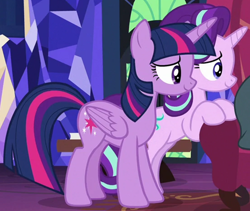 Size: 1214x1023 | Tagged: safe, screencap, starlight glimmer, twilight sparkle, alicorn, pony, unicorn, g4, it isn't the mane thing about you, chair, cropped, duo, female, mare, twilight sparkle (alicorn)