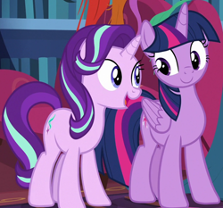 Size: 1250x1167 | Tagged: safe, screencap, starlight glimmer, twilight sparkle, alicorn, pony, unicorn, g4, it isn't the mane thing about you, cropped, cute, duo, female, glimmerbetes, mare, smiling, twiabetes, twilight sparkle (alicorn)