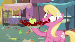 Size: 1920x1080 | Tagged: safe, screencap, lily, lily valley, earth pony, pony, g4, the big mac question, apple, female, food, mare, misleading thumbnail, pie, solo