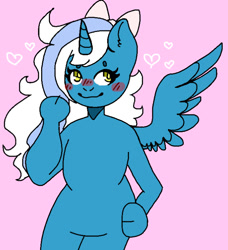 Size: 653x715 | Tagged: safe, artist:the-devils-den, oc, oc:fleurbelle, alicorn, anthro, adorabelle, alicorn oc, blushing, bow, cute, female, hair bow, heart, horn, mare, ocbetes, pink background, simple background, smiling, wings, yellow eyes