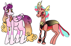 Size: 2240x1441 | Tagged: safe, artist:eonionic, oc, oc:love letter, oc:rosy maple, changeling, pegasus, pony, duo, female, implied magical lesbian spawn, lesbian, parent oc, parent:princess amore, previous generation, red changeling, simple background, transparent background