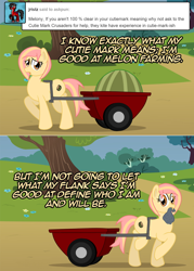 Size: 1076x1502 | Tagged: safe, artist:ladyanidraws, oc, oc only, oc:melony, earth pony, pony, ask pun, ask, cart, food, mouth hold, solo, watermelon