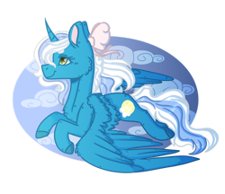 Size: 1280x1108 | Tagged: safe, artist:karperstein, oc, oc only, oc:fleurbelle, alicorn, pony, adorabelle, alicorn oc, bow, cheek fluff, chest fluff, cloud, female, flying, hair bow, horn, mare, simple background, smiling, solo, transparent background, wing fluff, wings, yellow eyes