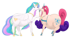 Size: 1300x709 | Tagged: safe, artist:soobel, princess amore, princess celestia, alicorn, pony, unicorn, g4, accessory, angry, atg 2020, belly, big belly, celestia is not amused, chubbylestia, duo, duo female, fat, female, flowing mane, jewelry, long mane, long tail, mare, messy, newbie artist training grounds, obese, pointing, regalia, simple background, tiara, unamused, white background