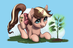 Size: 2776x1830 | Tagged: safe, artist:taytinabelle, oc, oc only, oc:mocha sprout, pony, unicorn, bow, braided tail, chest fluff, cute, ear fluff, eye reflection, face down ass up, female, grass, hair bow, hair bun, happy, looking down, magic, mare, plant, raised tail, reflection, simple background, smiling, solo, tail, unshorn fetlocks