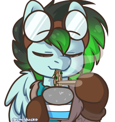Size: 1350x1434 | Tagged: safe, artist:cottonsweets, part of a set, oc, oc:gryph xander, pegasus, pony, boots, chopsticks, clothes, commission, food, goggles, gradient mane, happy, jacket, male, noodles, ramen, ramen face, scarf, shoes, stallion, steam, wings, ych result