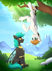 Size: 2160x2925 | Tagged: safe, artist:strafe blitz, oc, oc only, oc:04, changeling, earth pony, pony, belly, cel shading, hanging by tail, high res, prehensile tail, shading, slender, tail, thin, tree, tree branch, underhoof, upside down