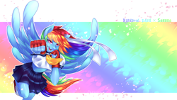 Size: 5760x3240 | Tagged: safe, artist:piiunivers, rainbow dash, pegasus, pony, anthro, g4, 4k wallpaper, absurd resolution, clothes, crossover, female, fingerless gloves, gloves, looking at you, open mouth, sakura kasugano, skirt, street fighter, video game crossover, wallpaper