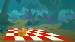 Size: 6438x3621 | Tagged: safe, artist:inaactive, between dark and dawn, g4, absurd resolution, background, basket, forest, no pony, outdoors, picnic basket, vector