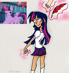 Size: 1756x1864 | Tagged: safe, artist:citi, screencap, twilight sparkle, alicorn, human, pony, g4, the fault in our cutie marks, ass, baby got back, bedroom eyes, butt, clothes, female, glowing hands, humanized, looking over shoulder, magic, plot, scene interpretation, screencap reference, skirt, solo, telekinesis, twibutt, twilight sparkle (alicorn)