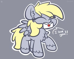 Size: 1200x945 | Tagged: dead source, safe, artist:php142, derpy hooves, pegasus, pony, g4, bronybait, chest fluff, chibi, cute, derpabetes, ear fluff, eyes closed, female, gray background, i love you, letter, mare, mouth hold, raised hoof, simple background, solo, unshorn fetlocks