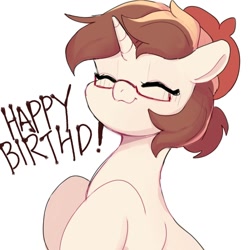 Size: 1080x1080 | Tagged: safe, artist:tingsan, oc, oc only, oc:dr tuo, pony, unicorn, exclamation point, eyes closed, glasses, happy birthday, horn, solo, unicorn oc