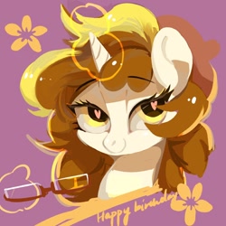 Size: 1080x1080 | Tagged: safe, artist:drtuo4, oc, oc only, oc:dr tuo, pony, unicorn, birthday, bust, flower, heart eyes, horn, solo, unicorn oc, wingding eyes