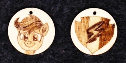 Size: 1024x513 | Tagged: safe, artist:malte279, scootaloo, pegasus, pony, g4, craft, cutie mark, jewelry, pendant, pyrography, traditional art, wood