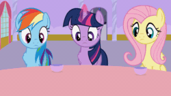 Size: 800x450 | Tagged: safe, artist:agrol, fluttershy, rainbow dash, twilight sparkle, alicorn, pegasus, pony, let's start the game, g4, animated, crystal, cup, female, gif, glance, glowing, head shake, looking at each other, magic, magic aura, nodding, table, teacup, telekinesis, twilight sparkle (alicorn)