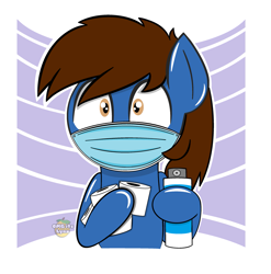 Size: 2025x2048 | Tagged: source needed, safe, artist:omgitslynx, oc, oc only, oc:pegasusgamer, pony, abstract background, bust, cleaning, coronavirus, covid-19, high res, looking at you, mask, simple background, solo, toilet paper
