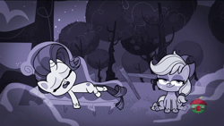 Size: 1920x1080 | Tagged: safe, screencap, applejack, rarity, earth pony, pony, unicorn, g4.5, my little pony: pony life, whoof-dunnit, context is for the weak, looking at you, monochrome, rarity being rarity, treehouse logo