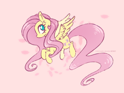 Size: 2048x1536 | Tagged: safe, artist:steffanie-remony, fluttershy, pegasus, pony, g4, cute, ear fluff, female, flying, heart eyes, leaf, looking at you, mare, pink background, profile, shyabetes, simple background, solo, spread wings, three quarter view, wingding eyes, wings
