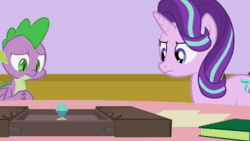 Size: 800x450 | Tagged: safe, artist:agrol, spike, starlight glimmer, dragon, pony, unicorn, let's start the game, g4, animated, backing away, book, crystal, flying, gif, glowing, hammer, magic, magic aura, nervous, shrunken pupils, table, telekinesis, uh oh, wings, worried