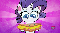 Size: 1920x1080 | Tagged: safe, screencap, rarity, pony, unicorn, g4.5, game knight, my little pony: pony life, cheese, croque monsieur, female, food, ham, mare, meat, ponies eating meat, sandwich, solo, sunburst background, treehouse logo