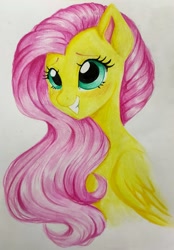 Size: 1280x1843 | Tagged: safe, artist:nijidashiey7, fluttershy, pegasus, pony, g4, blushing, bust, cute, female, folded wings, mare, portrait, shyabetes, simple background, smiling, solo, three quarter view, traditional art, white background, wings