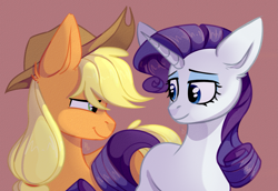 Size: 2433x1673 | Tagged: safe, artist:chillax, applejack, rarity, earth pony, pony, unicorn, g4, applejack's hat, brown background, cowboy hat, cute, eyeshadow, female, hat, horn, lesbian, looking at each other, makeup, mare, ship:rarijack, shipping, simple background