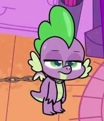 Size: 358x416 | Tagged: safe, screencap, spike, dragon, dear tabby, g4.5, my little pony: pony life, chains, collar, context is for the weak, cropped, male, solo, spike is a pet, spike is not amused, unamused, winged spike, wings