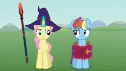 Size: 1920x1080 | Tagged: safe, artist:agrol, fluttershy, rainbow dash, pony, unicorn, let's start the game, g4, bag, book, female, hat, levitation, looking at each other, magic, race swap, saddle bag, smiling, staff, telekinesis, wizard hat, youtube link