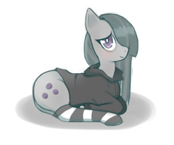 Size: 1200x1000 | Tagged: safe, artist:pixelmare, marble pie, earth pony, pony, g4, blushing, clothes, cute, dark circles, female, gray coat, hoodie, lying down, marblebetes, mare, no tail, purple eyes, socks, solo, striped socks