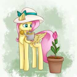 Size: 2000x2000 | Tagged: safe, artist:brilliant-luna, fluttershy, pegasus, pony, g4, abstract background, bow, ear fluff, female, flower, folded wings, hat, high res, looking at something, mare, mouth hold, potted plant, solo, standing, sun hat, turned head, watering can, wings