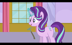 Size: 1280x800 | Tagged: safe, artist:agrol, starlight glimmer, pony, let's start the game, g4, female, hammer, solo
