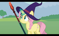Size: 1280x800 | Tagged: safe, artist:agrol, fluttershy, pony, unicorn, let's start the game, g4, bloodstone scepter, dungeons and dragons, female, hat, magic, ogres and oubliettes, pen and paper rpg, race swap, rpg, solo, staff, wizard hat, youtube link