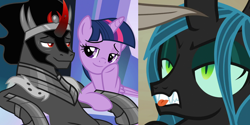 Size: 1400x700 | Tagged: safe, edit, edited screencap, screencap, king sombra, queen chrysalis, twilight sparkle, alicorn, changeling, changeling queen, pony, unicorn, g4, the beginning of the end, biting, female, male, mare, ship:twibra, shipping, stallion, straight, tongue bite, twilight sparkle (alicorn)