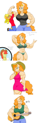 Size: 3016x9504 | Tagged: safe, artist:matchstickman, applejack, bright mac, pear butter, earth pony, pony, anthro, plantigrade anthro, g4, abs, acoustic guitar, big breasts, breasts, buff breasts, busty pear butter, cleavage, clothes, comic, dress, duo, female, guitar, matchstickman's pear buffer series, milf, mother and daughter, muscles, muscular female, music notes, musical instrument, pants, pear buffer, teary eyes