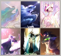 Size: 2048x1891 | Tagged: safe, artist:peacheb_o, king sombra, princess cadance, princess celestia, princess luna, queen chrysalis, twilight sparkle, alicorn, changeling, changeling queen, pony, unicorn, g4, the last problem, bust, cape, clothes, curved horn, ear piercing, earring, female, full moon, horn, jewelry, looking up, lying down, male, mare, moon, older, older twilight, older twilight sparkle (alicorn), open mouth, peytral, piercing, princess twilight 2.0, prone, six fanarts, smiling, sombra eyes, stallion, tiara, twilight sparkle (alicorn)