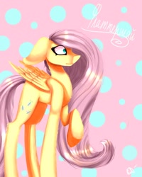 Size: 1724x2160 | Tagged: safe, artist:ellis_sunset, fluttershy, pegasus, pony, g4, cyrillic, female, mare, polka dot background, raised hoof, russian, solo, text